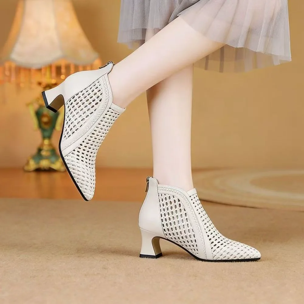 Women's Perforated Cutout Ankle Boots, Pointed Toe Kitten Heel Back Zip Shoes for Spring Summer Office Wear