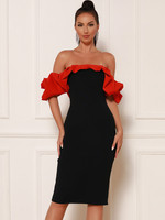 Women Summer Sexy Off Shoulder Ruffles Patchwork Red Black Bodycon Midi Bandage Dress 2023 Elegant Evening Celebrity Party Dress