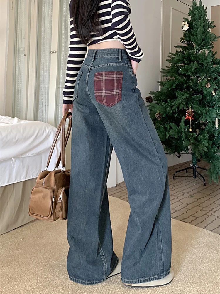 

Ретро клетчатые широкие джинсы с высокой талией, женские весенне-осенние новые свободные утягивающие джинсовые брюки длиной до пола