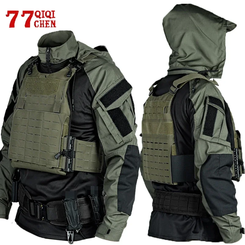 Autumn Tactical Shirt Men Airsoft Camo Frog Detachable Hooded Long Sleeve Shirts Spring Quick-dry CS Paintball SWAT Jacket Male