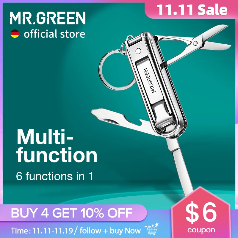 

Многофункциональная машинка для стрижки ногтей MR.GREEN, нержавеющая сталь, шесть функций, пилки для ногтей, открывалка для бутылок, маленький нож, ножницы, резак для ногтей