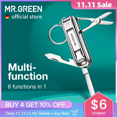 MR.GREEN-cortaúñas multifuncional de acero inoxidable, seis funciones, limas de uñas, abrebotellas, cuchillo pequeño, tijeras, cortador de uñas