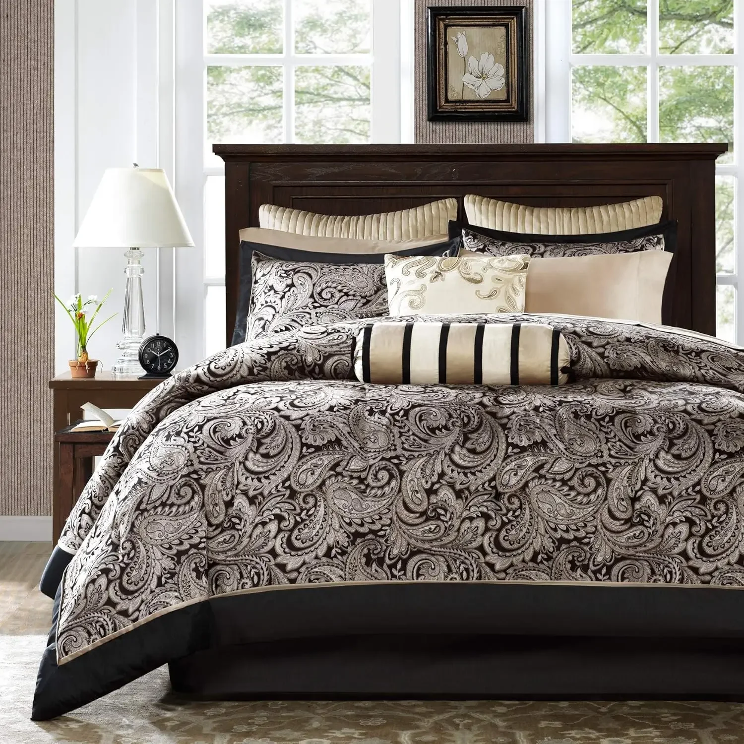 Park Aubrey Cozy Comforter Set, Faux Silk Jacquard Paisley Design - All Season Down Alternative Bedding with Cotton Bed