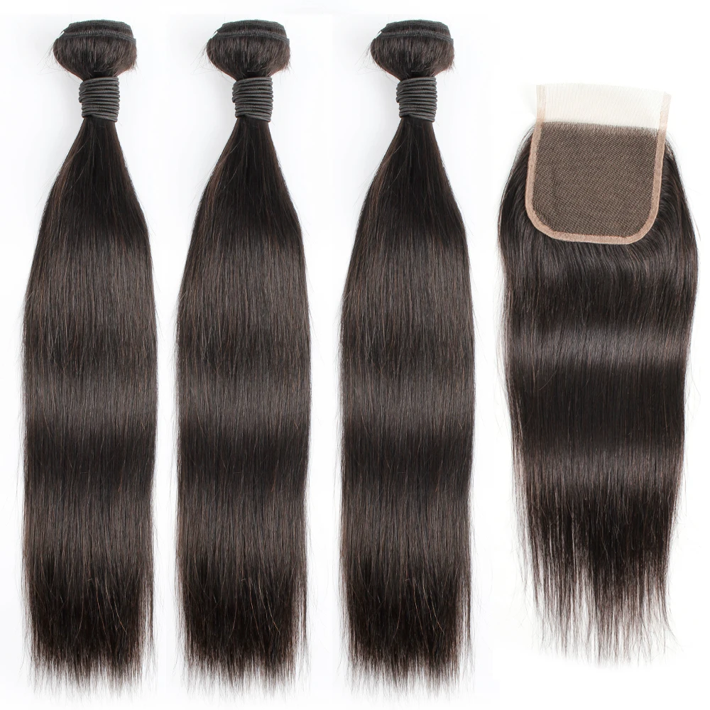 Sophia-Tissage en Lot Brésilien Remy avec Closure, Cheveux Naturels Lisses, 4x4