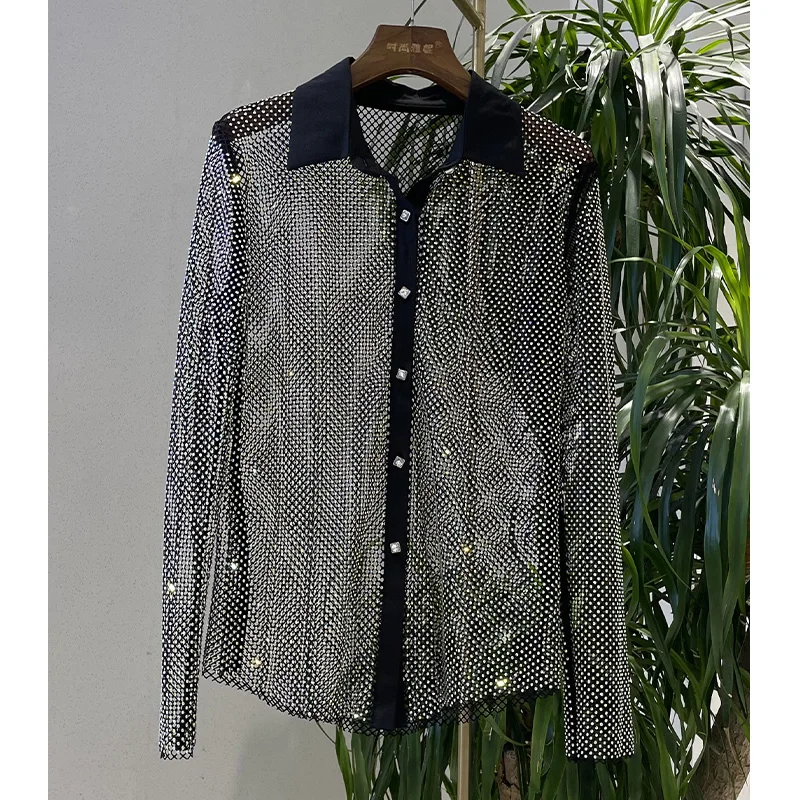 Shiny Diamonds Beading Hollow Out Shirt Temperament mesh Slim  Long-Sleeved Tops Sexy Party Club Blouse