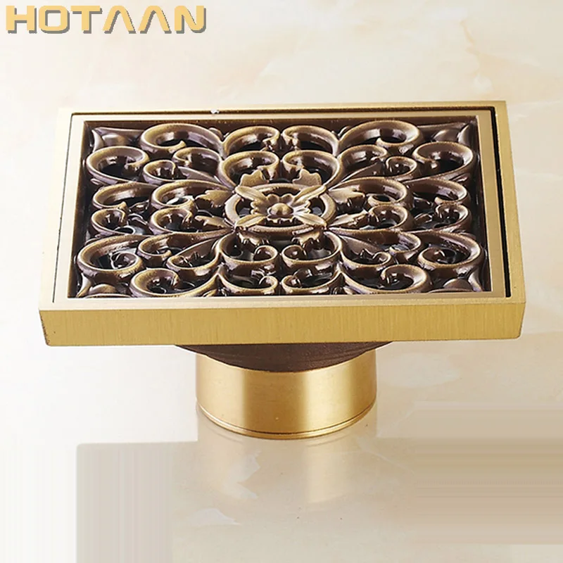 . High Quality Antique Brass Carved Flower Art Bathroom Accessory Floor Drain Waste Grate100mm*100mm YT-2111