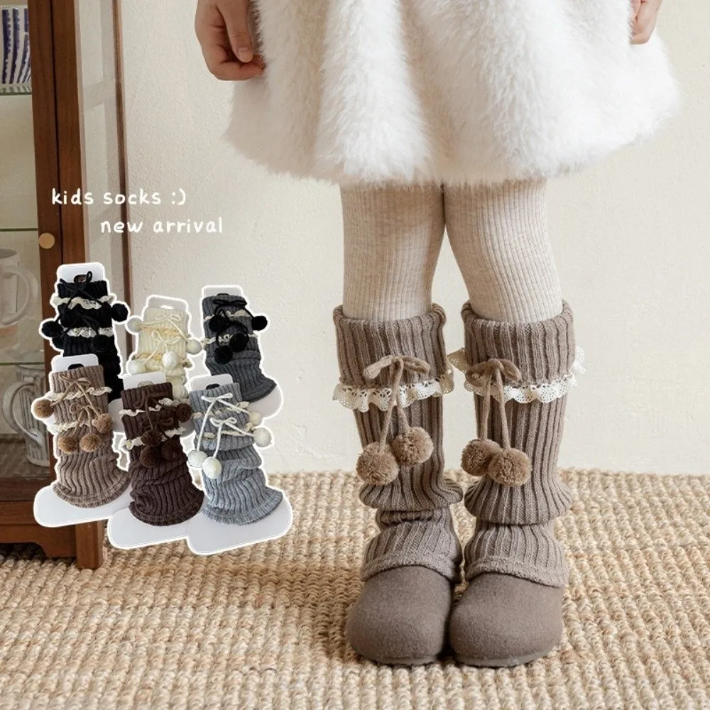 New Solid Color Leg Warmers Thickened Knitted Middle Tube Socks Bow Pompom Lolita Boot Covers Gift