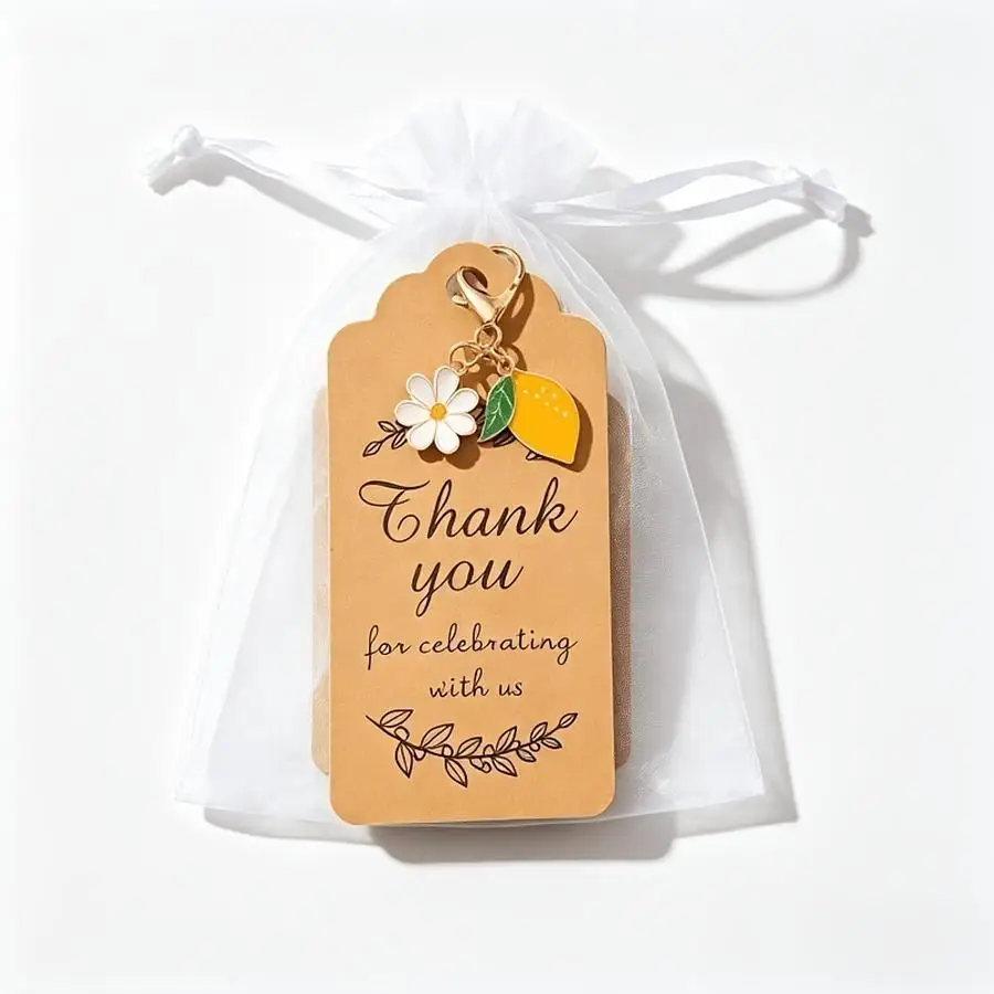 1/5/10/20/50/100pcs 15 sets of lemon keychains, car keys, gifts for women, 15 Keychains + 15 Cardboard Boxes + 15 Organza Gift B