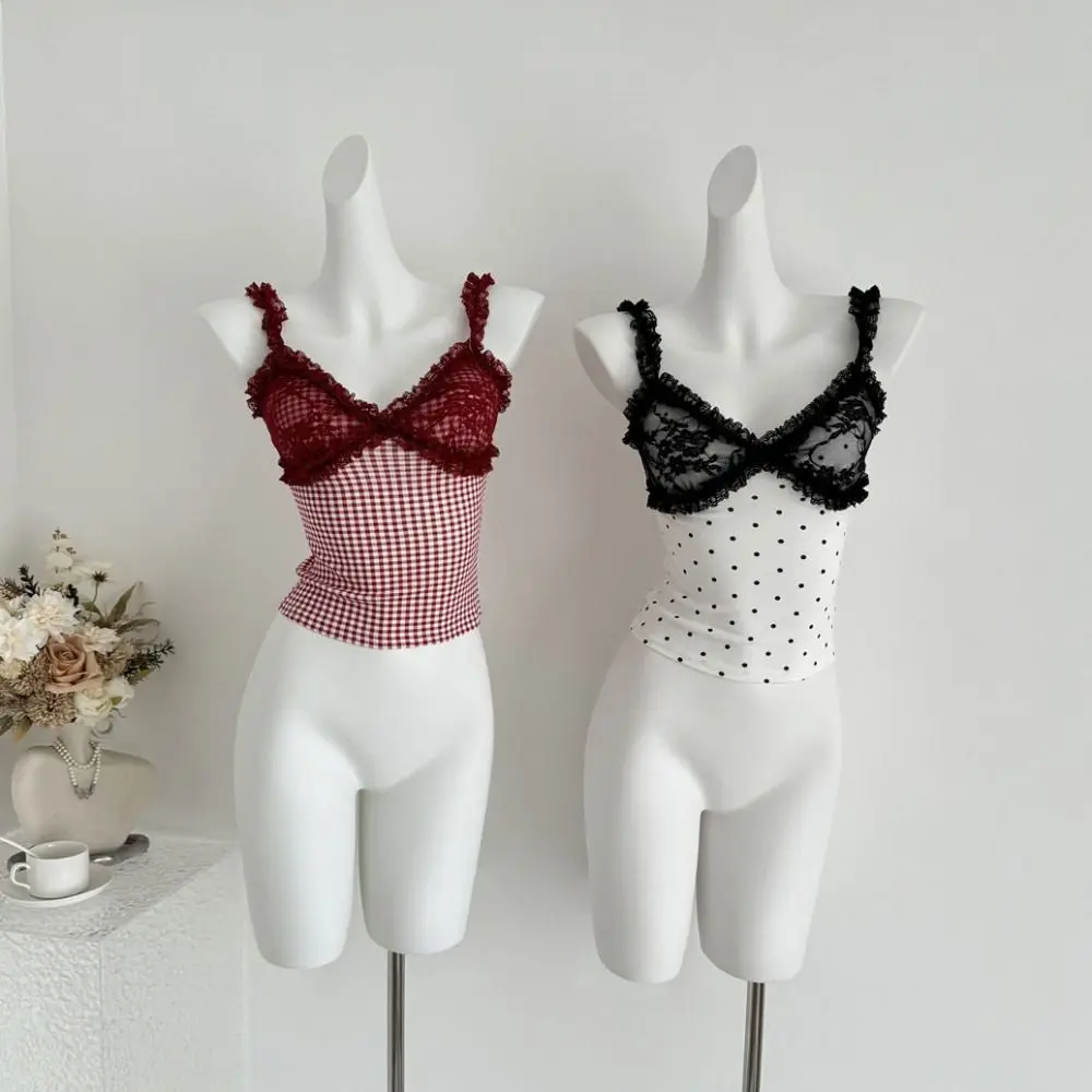 Mode Spicy Girl Stil Ärmelloses Crop Top V-ausschnitt Slim Fit Frauen Hosenträger Top Mesh Dot Süße Spitze Leibchen mit Pads Meer