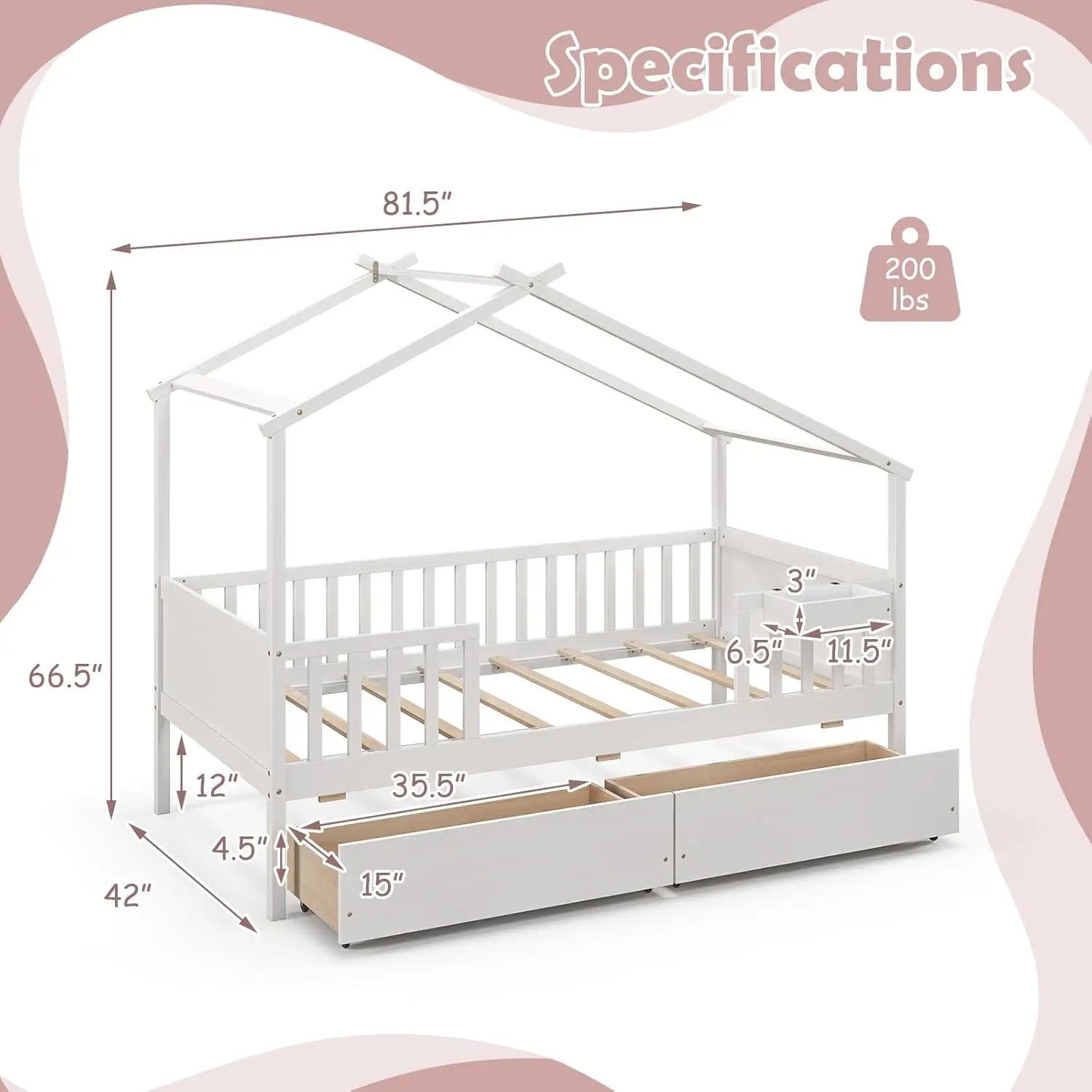 Giantex Twin House Bed With Drawers, Wooden Twin Bed Frame With Cube Storage & Fence Rails, Montessori Bed For Boys, Girls,