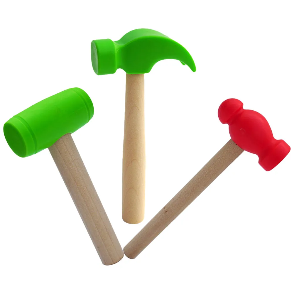 3Pcs Wood Hammer Children Simulation Tools Kids Pretend Play Educational Fun Hitting Pounding Small Mallet for Toddler Grip Hand