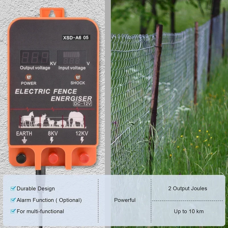 5KM Electric Fence Energizer 2.5 Joule With LCD Display 2.5 Joule 12V Energizer Controller for Farm Livestock Cows Cattle Horse