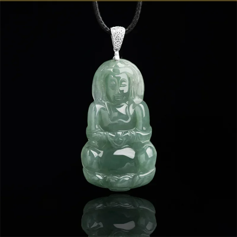 

Jiale/hand-carved/925 Silver Inlaid Natural Jade Oil Green Guanyin Buddha Emerald Necklace Pendant Men Women Couple Gift Amulet