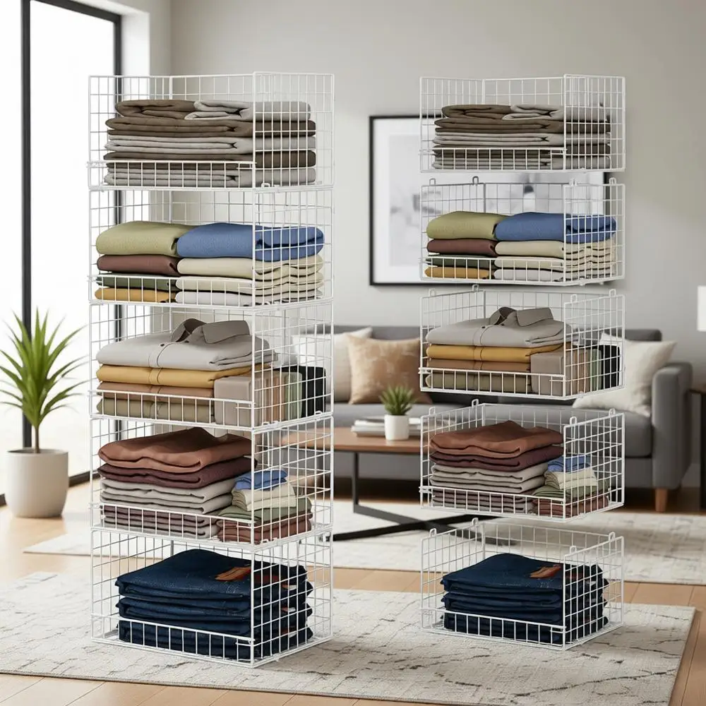 

5-уровневый складной органайзер для шкафа с корзинами для хранения - компактная система хранения одежды белого цвета