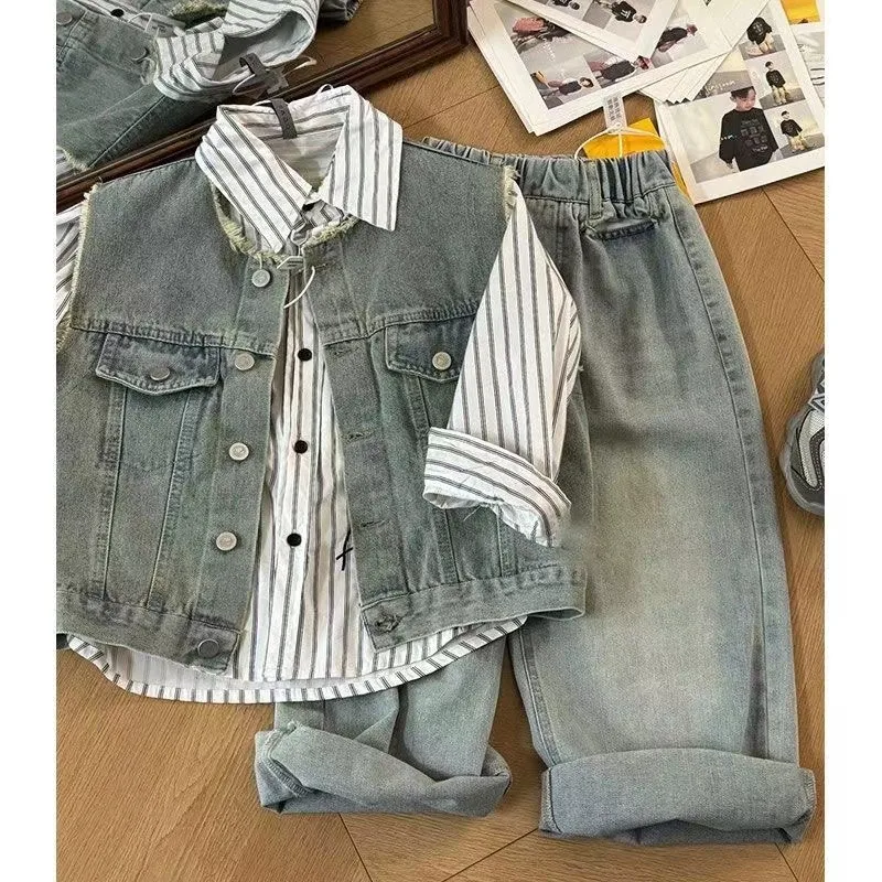

Boys' autumn outfit set Korean version new children's denim vest striped shirt jeans three piece set