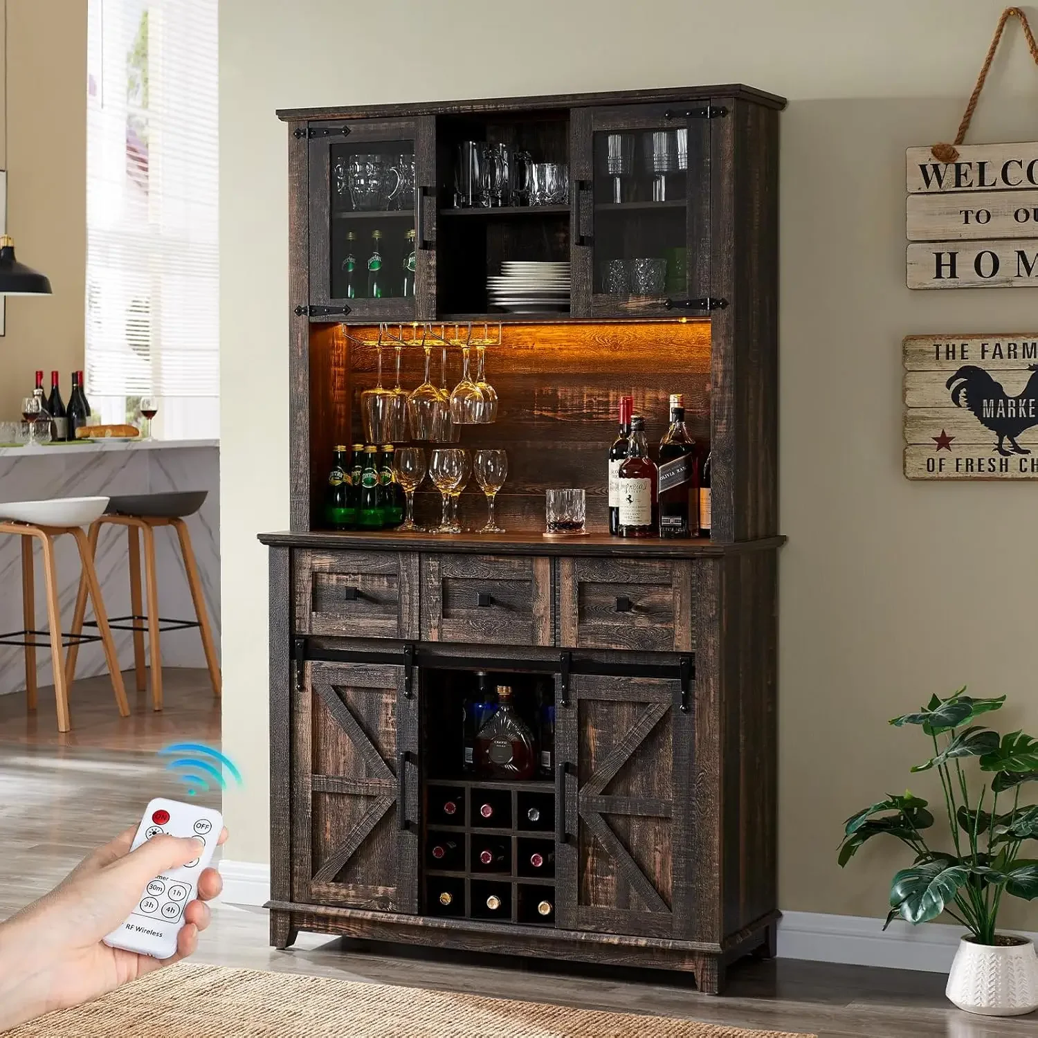 AMERLIFE Coffee Bar Cabinet with Sliding Barn Door, 72'' Farmhouse Kitchen Sideboard, Buffet Storage Table, Wine Glass Racks,