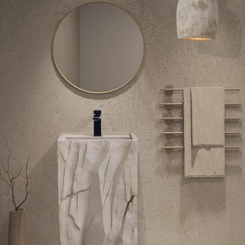 

Modern Cream style stone column basin designer integrated floor style sink, artistic creativity, personalized washbasin