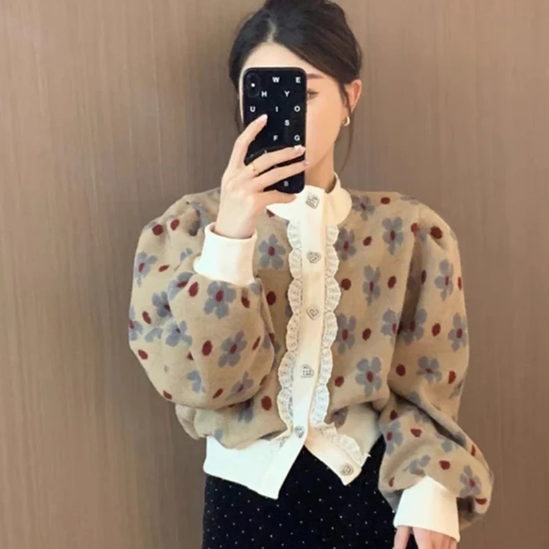 Vintage Print Cardigan Women Sweet Lace Patchwork Love Buttons Elegant Knitted Sweaters Fall Winter Mock Neck Retro Chic Tops