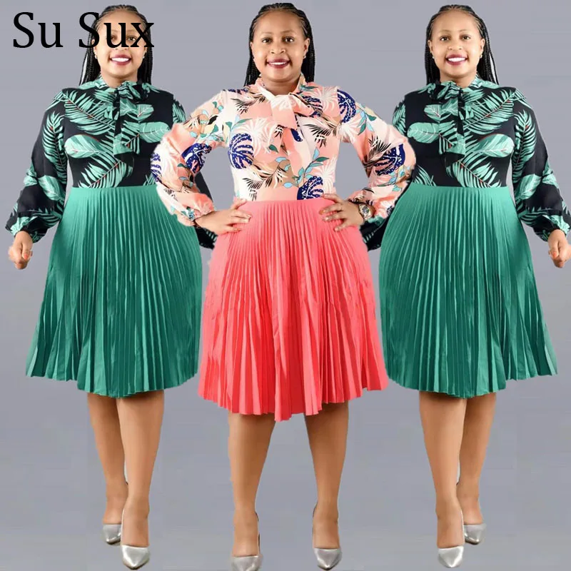 

African Clothes Plus Size Pleated African Dresses For Women Office Lady Print Bow Collar Patchwork Dress Vestidos 2022 Spring