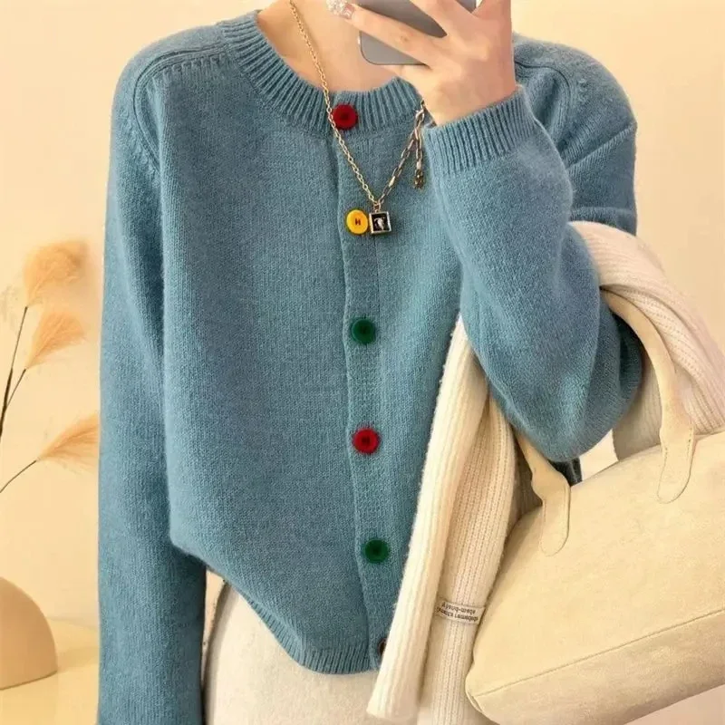 Japanese Sweet and Fresh Round Neck Colorful Button Knitwear Coat Academy Style Western Versatile Sweater Women\'s Cardigans