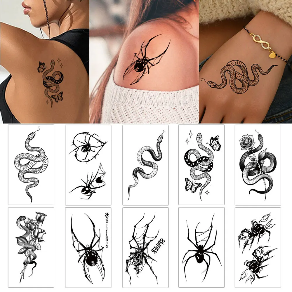 10pcs Black Spider Web Fake Tattoo for Hand Wrist Body Snake Small Cute Temporary Tattoos for Men Women Halloween Party