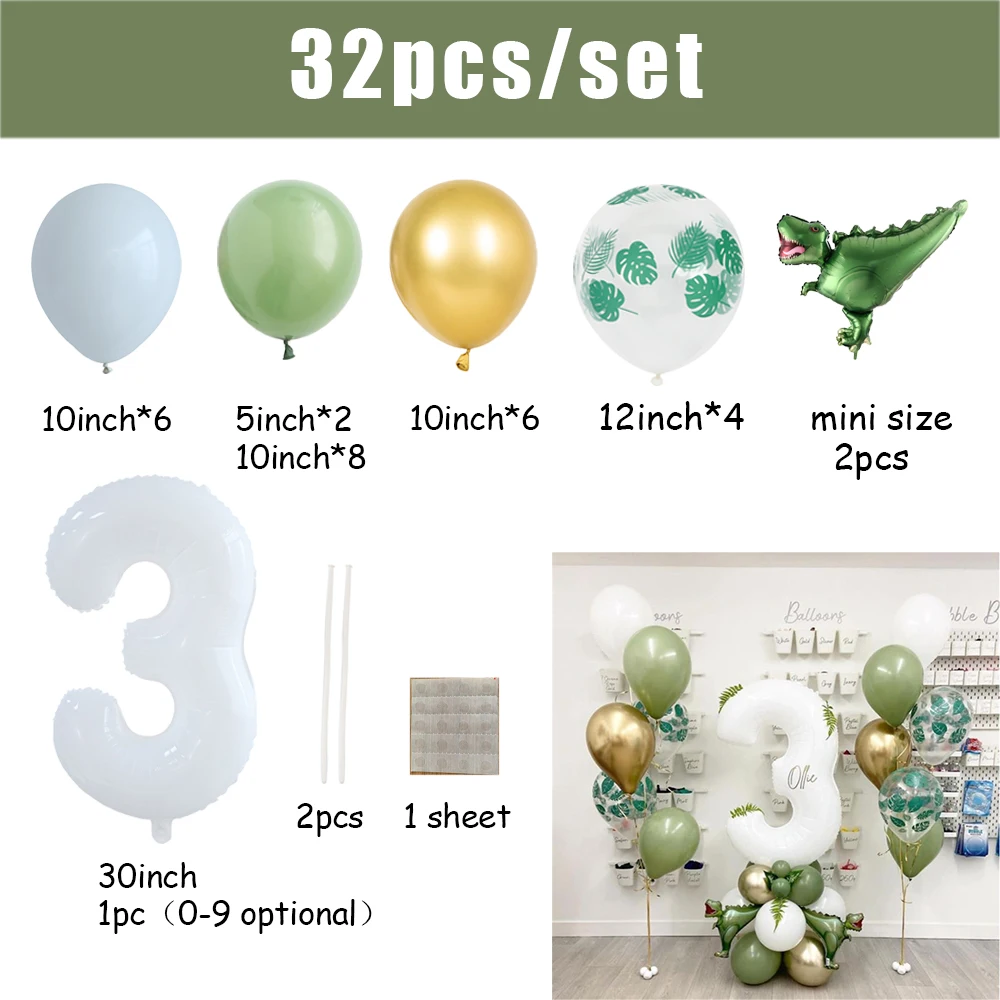 32pcs 30inch White Number Dinosaur Jungle Themed Birthday Balloons Set Happy Birthday Party Baby Shower Decorations 1 2 3 Years