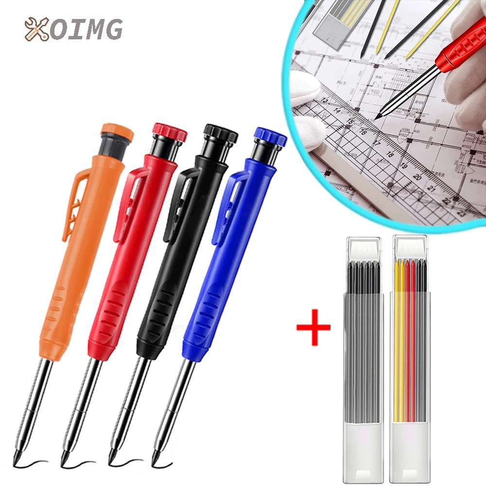 OIMG Solid Carpenter Pencil Set with 6 Refill Built-in Sharpener Deep Hole Mechanical Pencil Woodworking Tools Carpentry Scriber