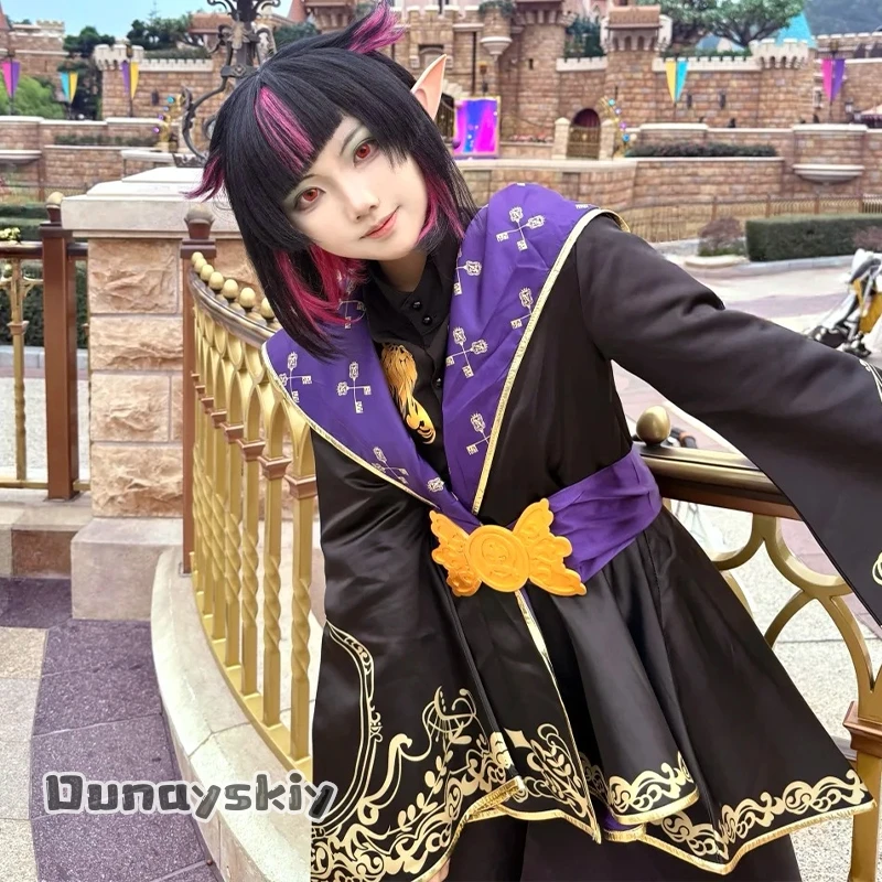Disfraz de Cosplay de Anime y Videojuego: Caballero Ace Trappola, Túnica Mágica Negra y Púrpura, Traje Gótico con Sombrero, Temática de Halloween