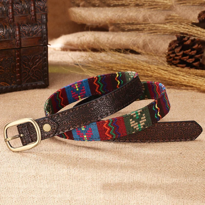 Fashion National Style Belt for Women Colorful Embroidered PU Leather Vintage Accessories Belt Ladies