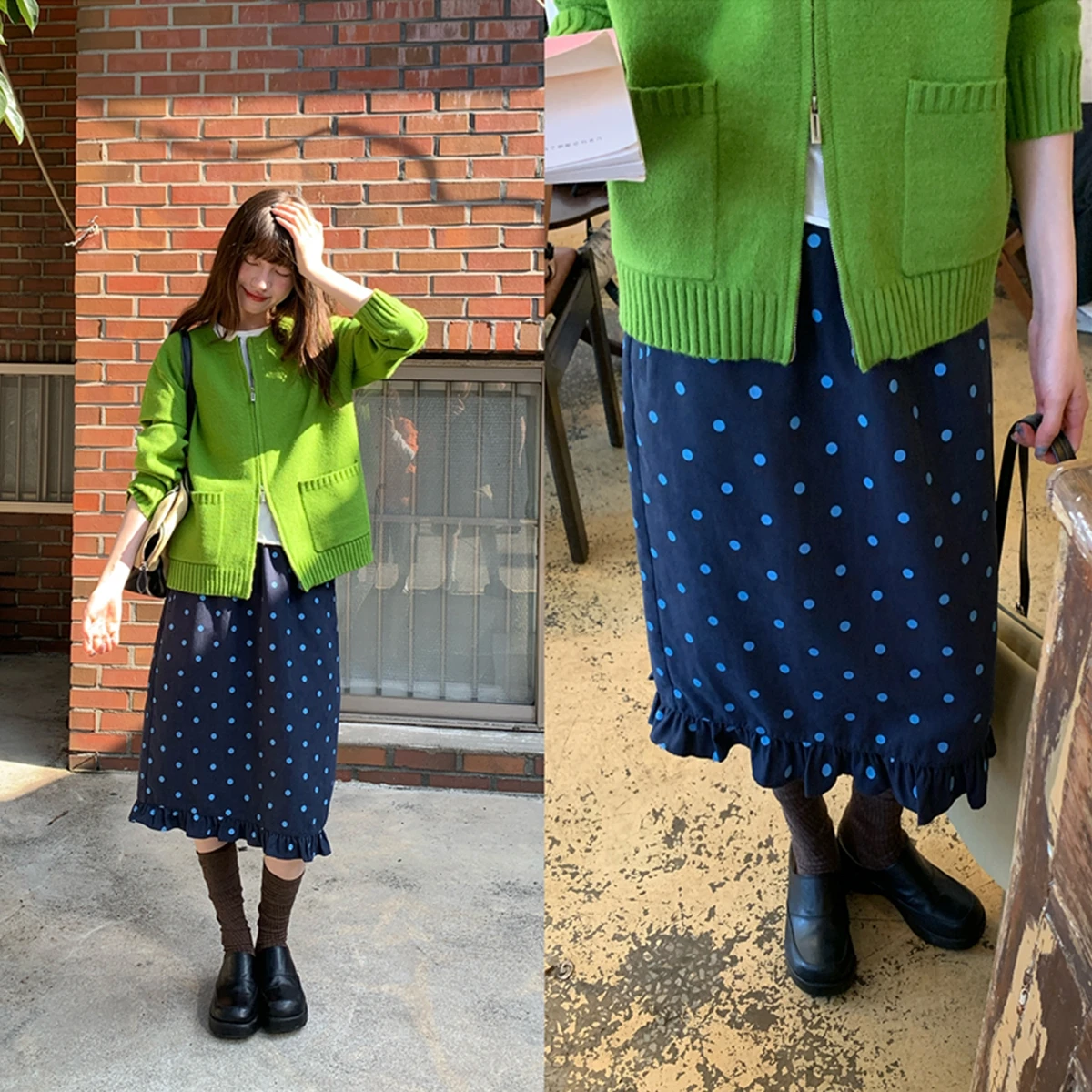 Retro Polka Dot Wooden  Straight Tube Midi Skirt for Women Spring Autumn Loose Fit Floral  Half Body Skirt