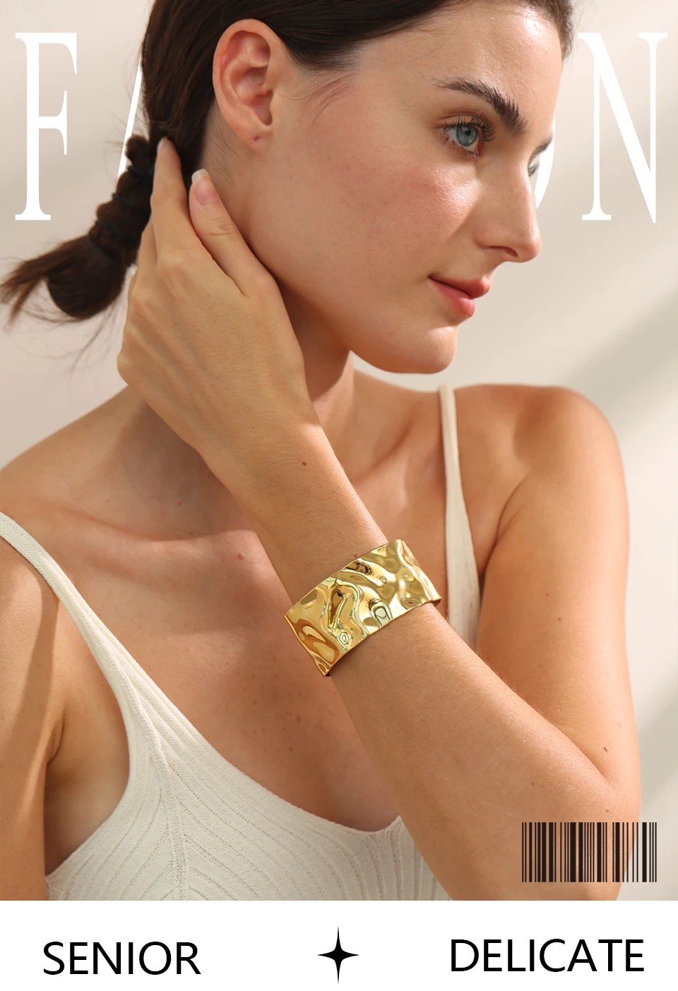 Yhpup Breites großes offenes Armband aus Edelstahl mit Metallmanschette, 18 Karat Gold, PVD-beschichtet, Statement-Wasserdicht, Handgelenkschmuck, Bijoux – Detail 1