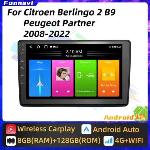 시트로엥 벨링고 2 B9 푸조 파트너 2008 2022 GPS 네비게이션 멀티미디어 플레이어 헤드 유닛, 안드로이드 스테레오 카 라디오, 2 Din