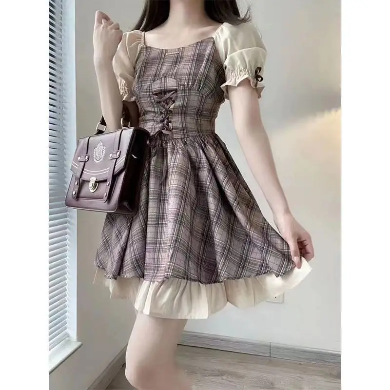 

Dopamine New Summer Square Neck Preppy Style Corset Women Fresh High Waisted Sweet Drawstring Puff Sleeve Patchwork Mini Dress