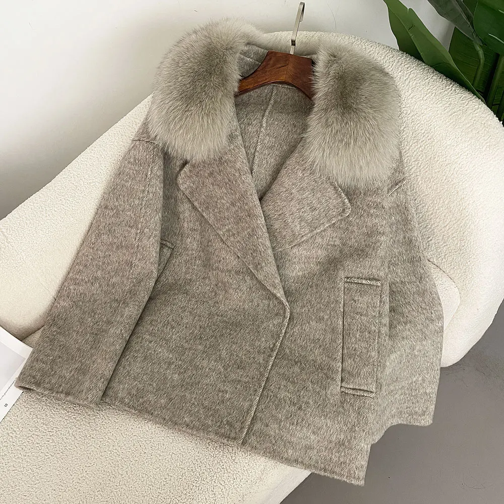 Double sided Cashmere Coat with Real Fur Collar Luxury Winter Jacket Ladies Warm Clothing High End Wool Coat Woman