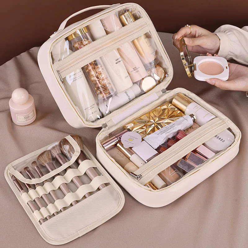 Makeup Bag PU Leather Double Layer Clear Cosmetic Bag Large Capacity Luxury Cosmetics Organizer Women\'s Travel Essentials