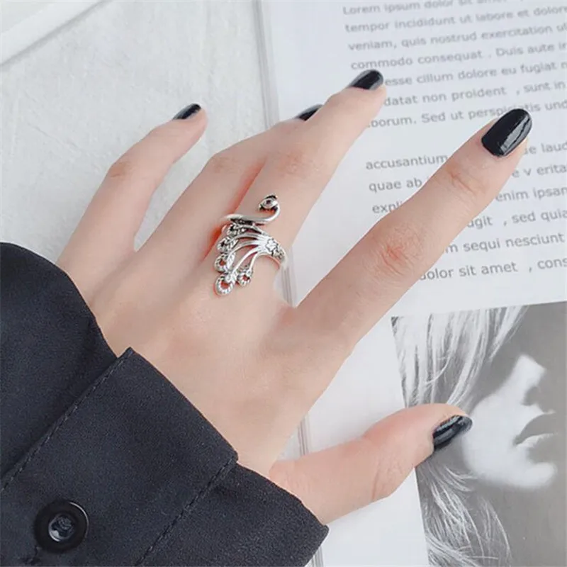 Pure 925 Sterling Silver Cute Peacock Animal Adjustable Rings For Women Party Gift Thai Silver Fine Jewelry Anti-Allergy LR097