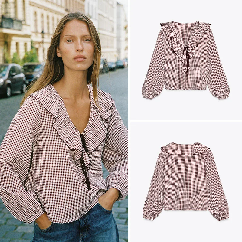 

New Arrival V-ne irt Women's Faion Decorative Belted Plaid Layered Design Autumn Collection 8-25 Years Old