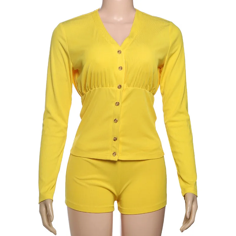 2025 autunno solido a costine set da 2 pezzi donna sexy scollo a V manica lunga monopetto cardigan sottile top + pantaloncini abiti casual