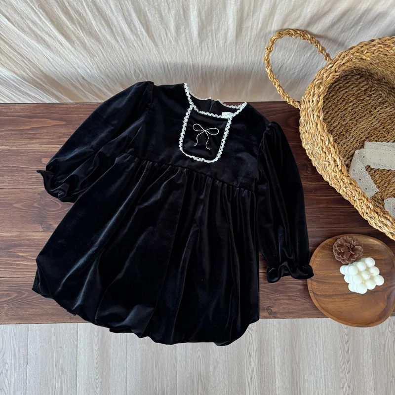 

2025 Winter New Girls Long Sleeve Fleece Dress Children Thick Warm Dress Baby Girl Sweet Bow Princess Dress Kids Velvet Dress