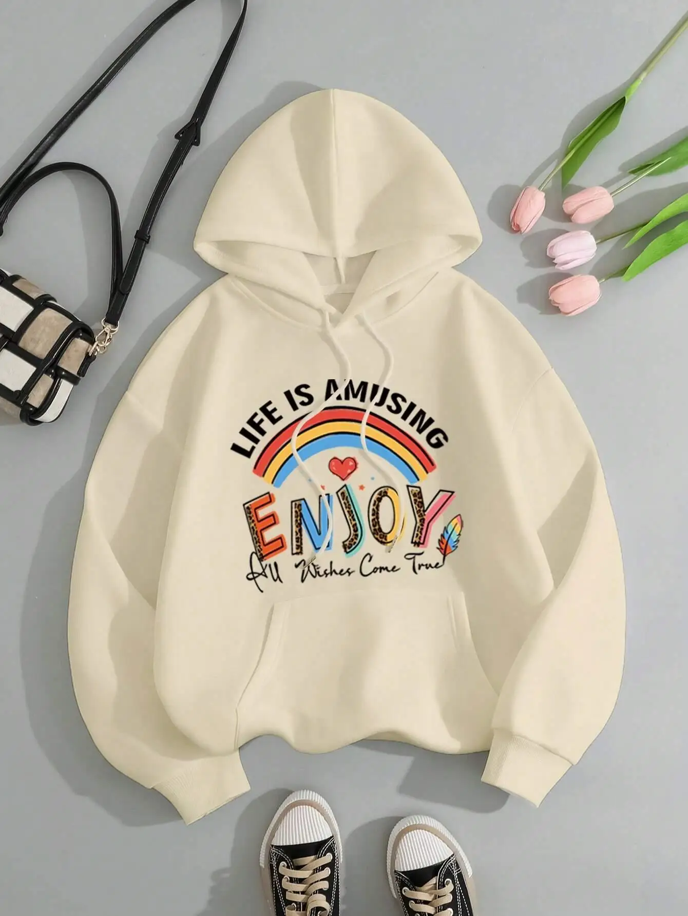 Life Is Amusing Enjoy Letter Graphic Women\'s Sweatshirt Autumn Fleece Warm Hooded Casual Autumn Hoodies Oversize Sportswear