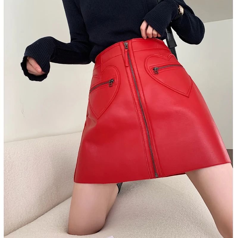 Genuine Leather Sexy Mini Skirt Women 2021 Spring Red Love Pocket South Korean Fashion High Waist Buttons Retro A-line Skirt