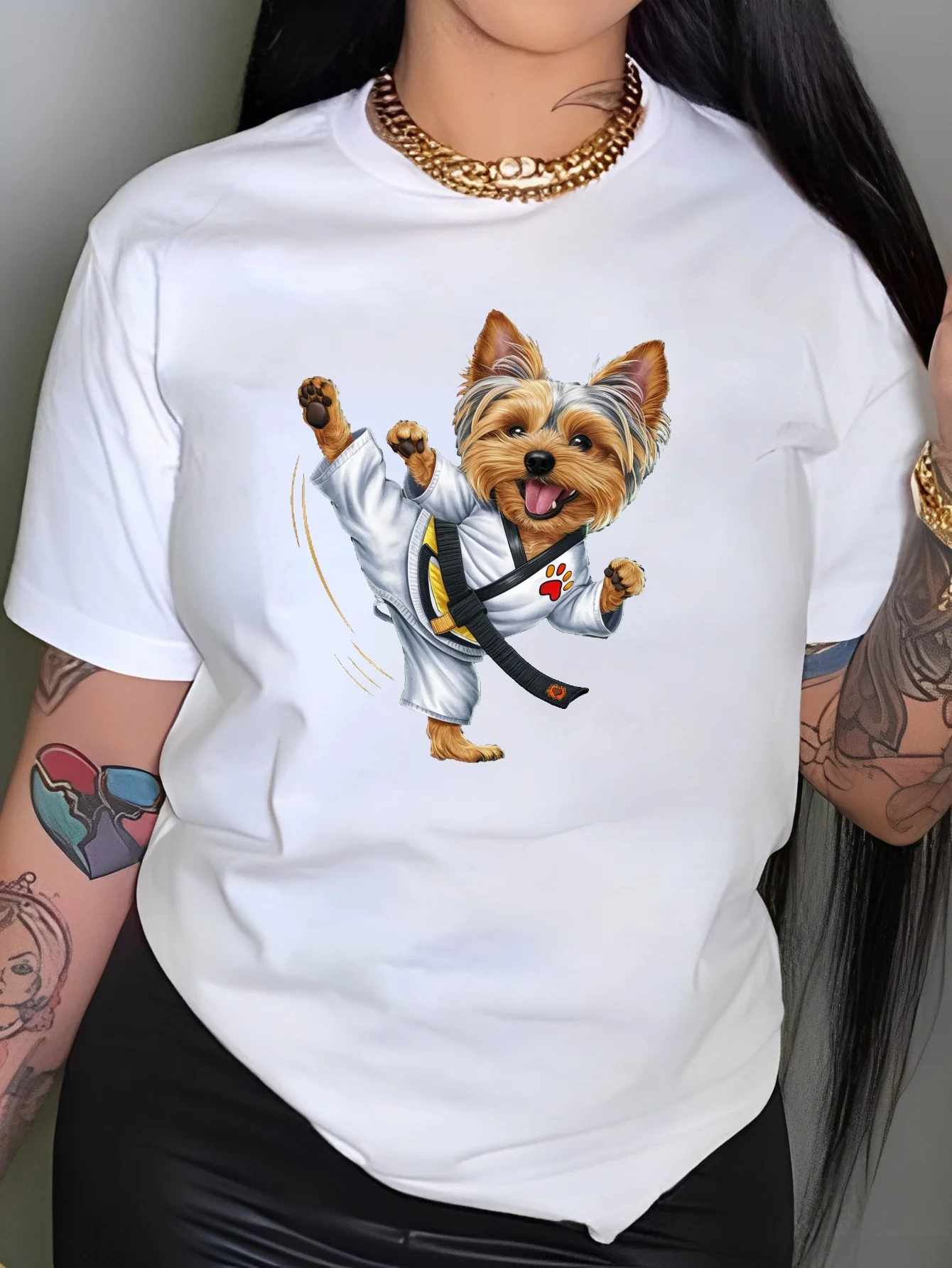 Yorkshire Terrier Martial Arts Print T-shirt Short Sleeve Crew Neck Leisure T-shirt For Spring & Summer Women\'s Clothing