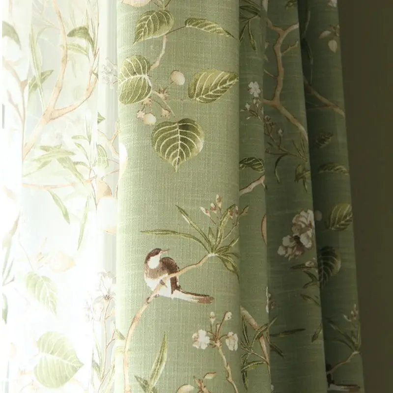 American Country Garden Cotton Linen Green Window Curtains For Living Room Birds Printed Bedroom Window Blackout Drapes WP145-40