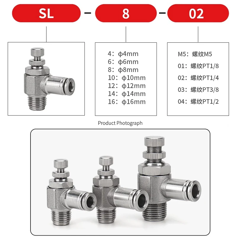 304 Stainless Steel Pneumatic Throttle Valve with SL8-01/6-m5 External Thread Quick Connector for Air Flow & Speed Regulation