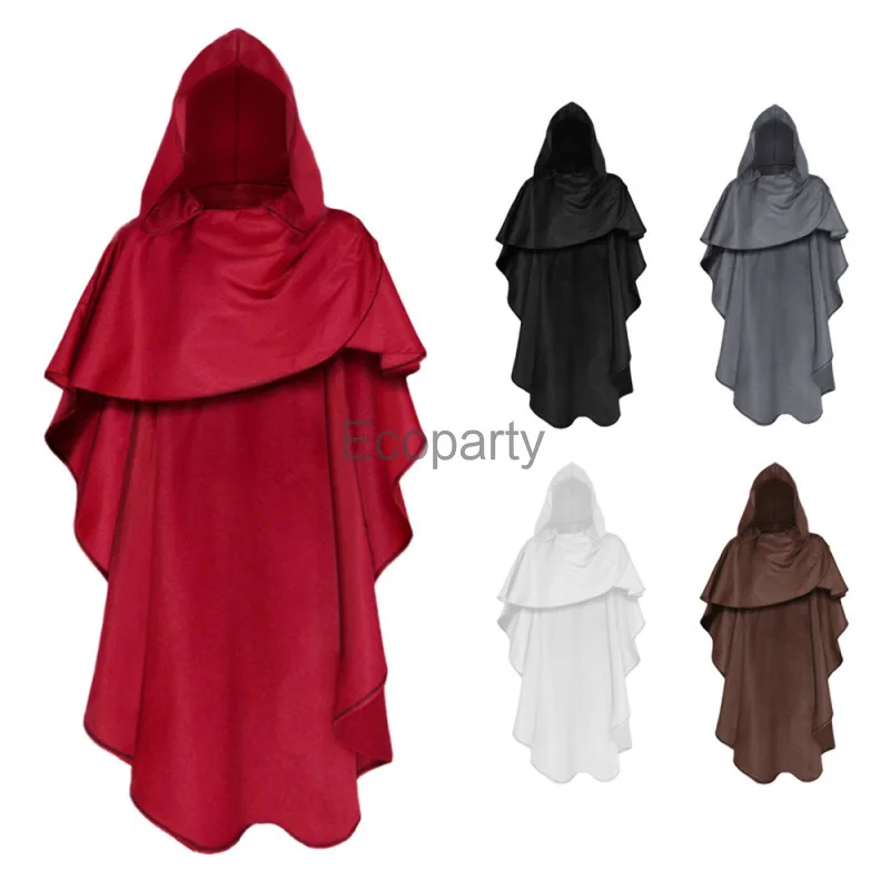 Adult Medieval Vintage Cloak Black Knight Pagan Windproof Long Cape Monk Hooded Robe Halloween Purim Party Costume For Men Women