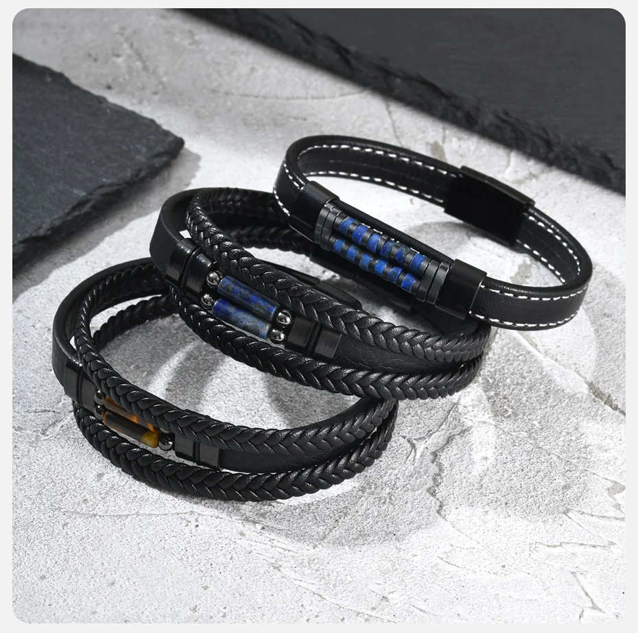 Vnox Herren-Lederarmband, Naturstein, Perlen, geflochten, mehrschichtig, Armband mit Magnetverschluss, Punk-Schmuck, Geschenk für Vater, Sohn, Ihn – Detail 5
