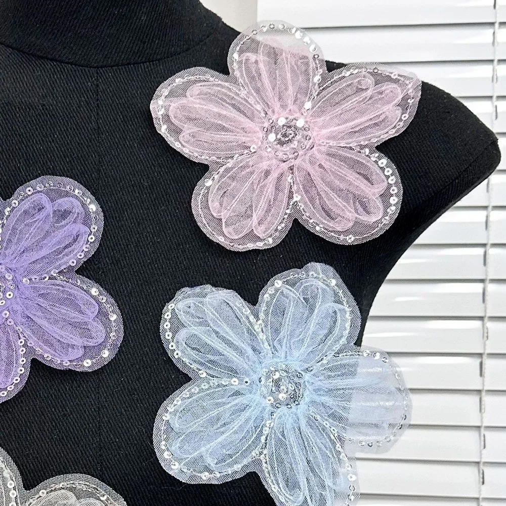 Fashion Mesh Lace Sequined 3D Organza Flowers Flower Bead Corsage 3D Organza Applique Wedding Dress Applique Wedding Dress view 3