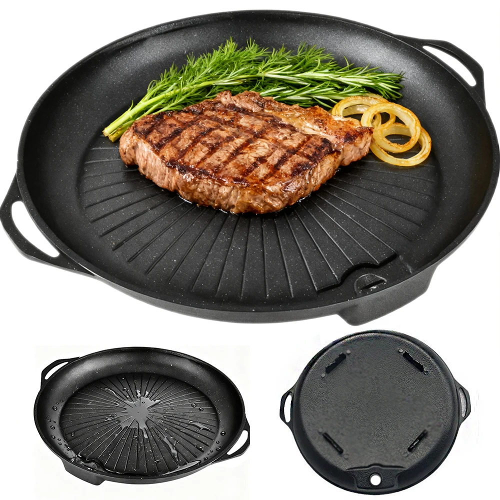 KOSUN Korean Barbecue Pan Round Multipurpose Casting Aluminum BBQ Guipan Pot with Oil Hole House Outdoor Camp Cooker All Stove