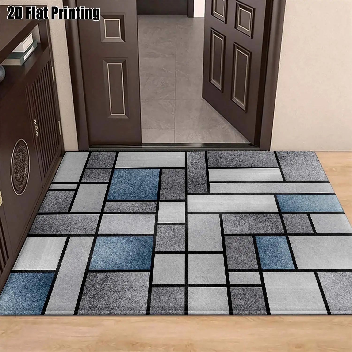 1Pc 2D Printed Blue-Grey Geometric Nordic/Instagram-Style Carpet, Machine-Washable, Multi-Size, Suitable for Entrance, Dining Room, Bedroom, Living Room Decoration