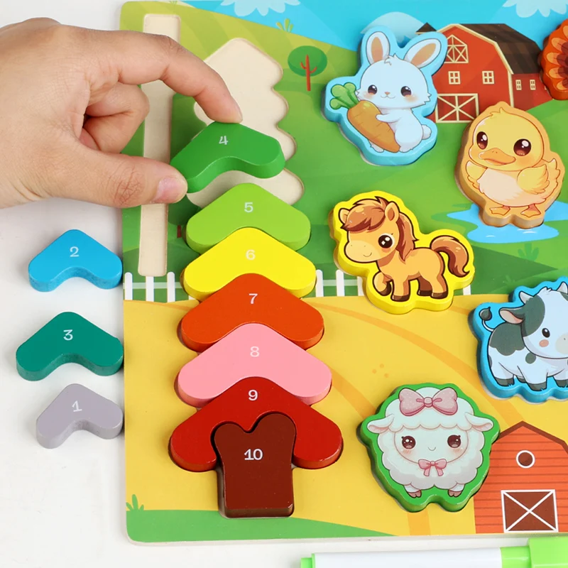 Wooden Toddler Shape&Animals Matching Puzzles Montessori Double-sided Drawing Board Toy, Educational Toys Gifts for Kids Age 3-5